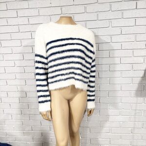 La Ligne x‎ Target Women Cream/Navy Fuzzy Yarn Striped Crewneck Sweater